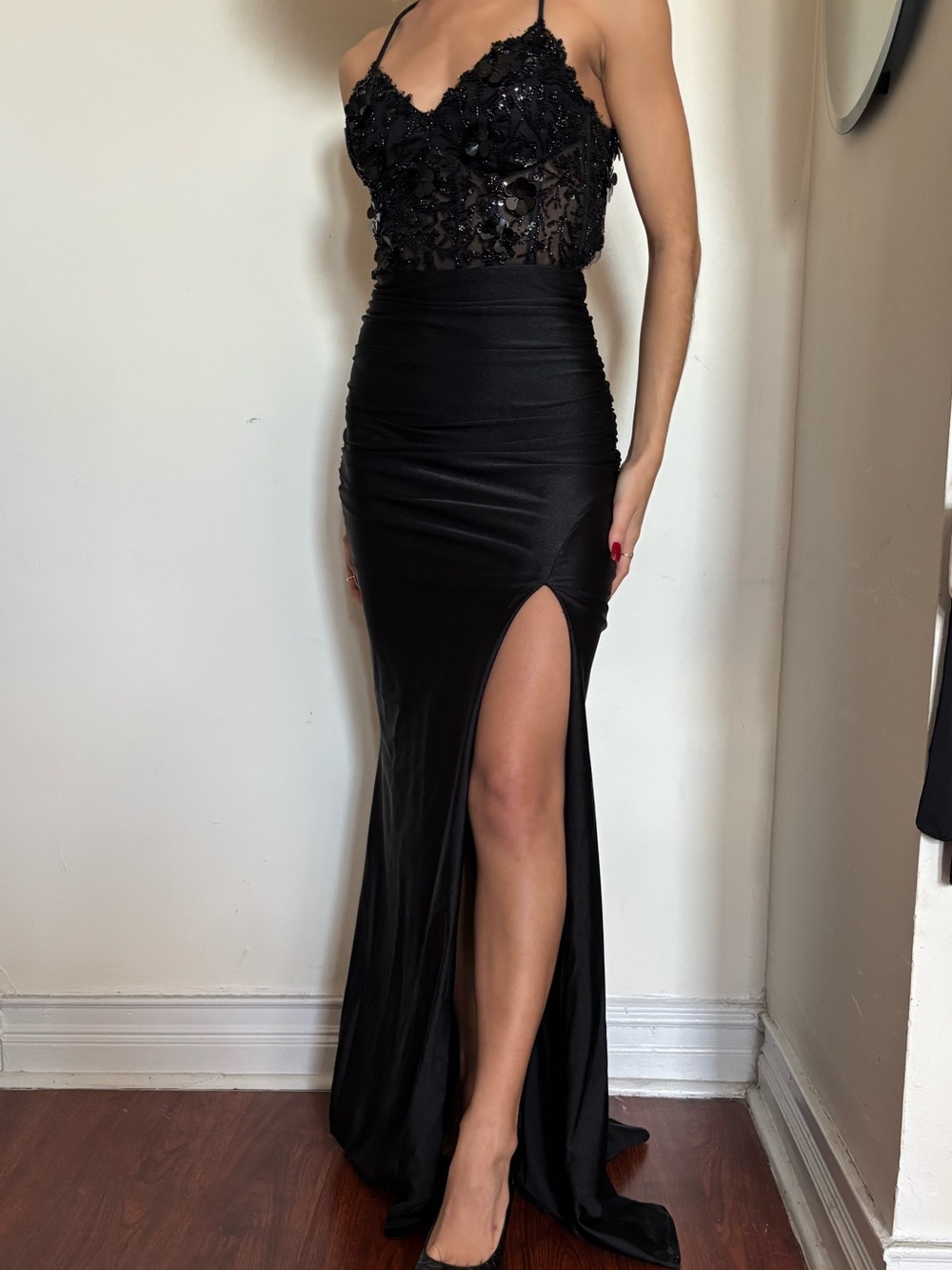 City Studio Black Sequin Lace Spaghetti Strap Prom Dress